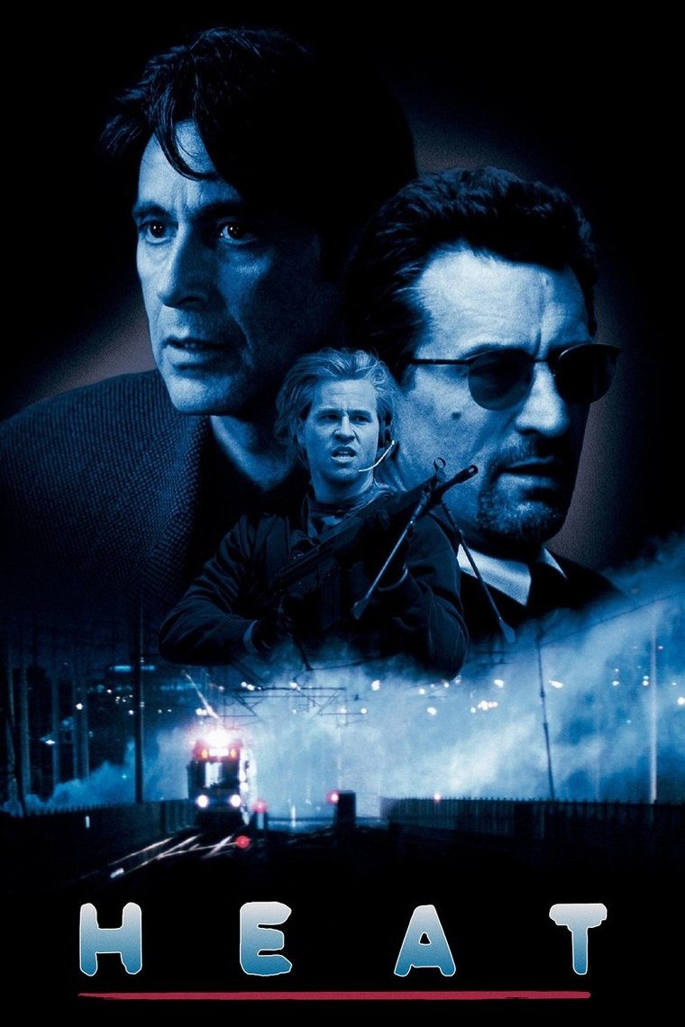Heat poster with Al Pacino and Robert De Niro in profile over a night skyline