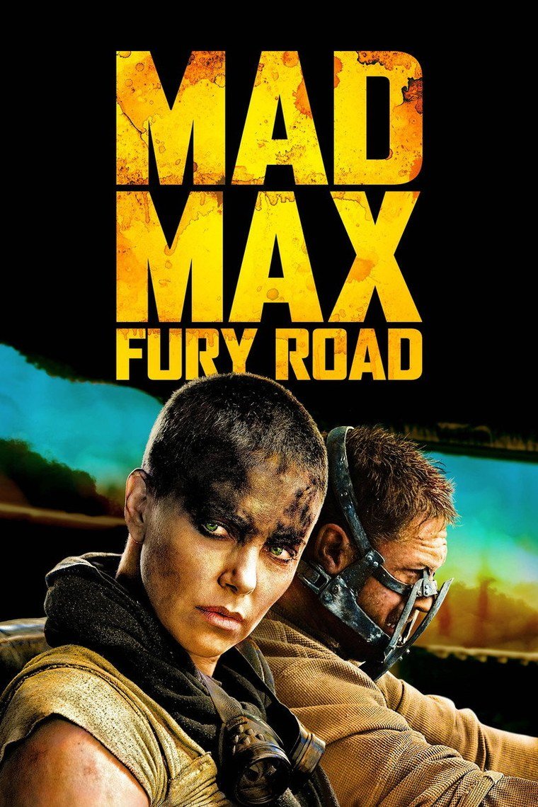Mad Max Fury Road poster with a desert convoy under an orange sky