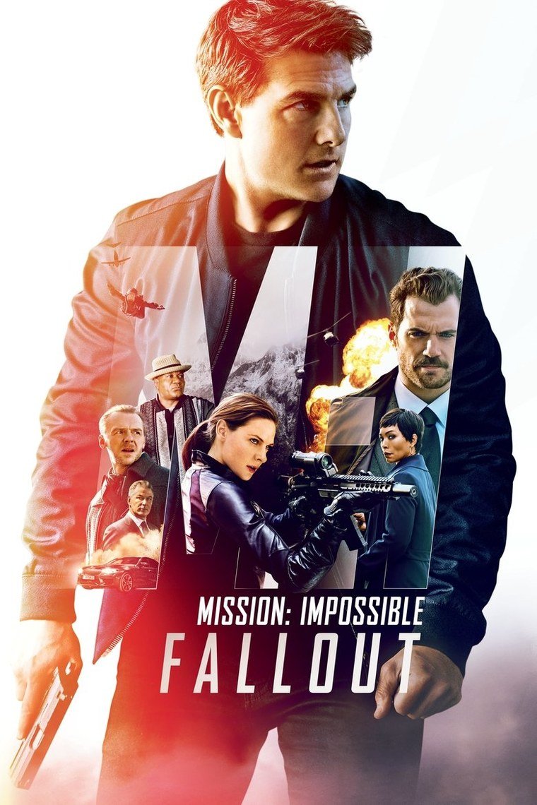 Mission Impossible Fallout poster with Tom Cruise against a helicopter and mountains