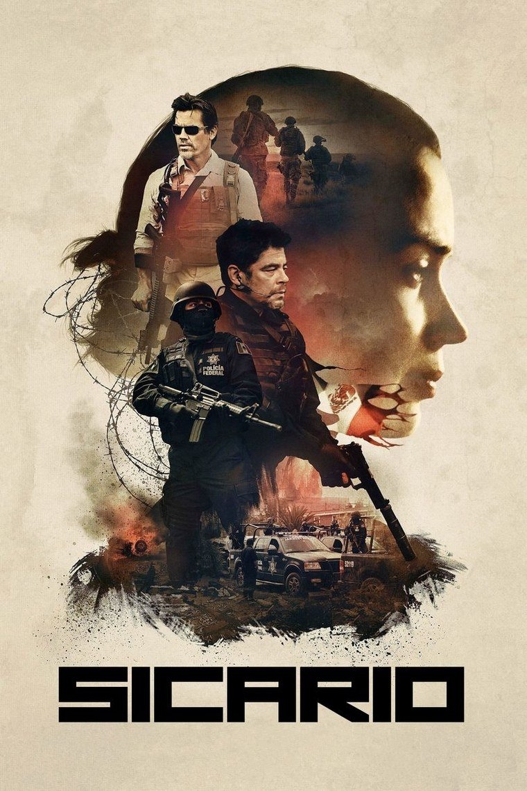 Sicario poster showing a line of figures walking into a desert sunset
