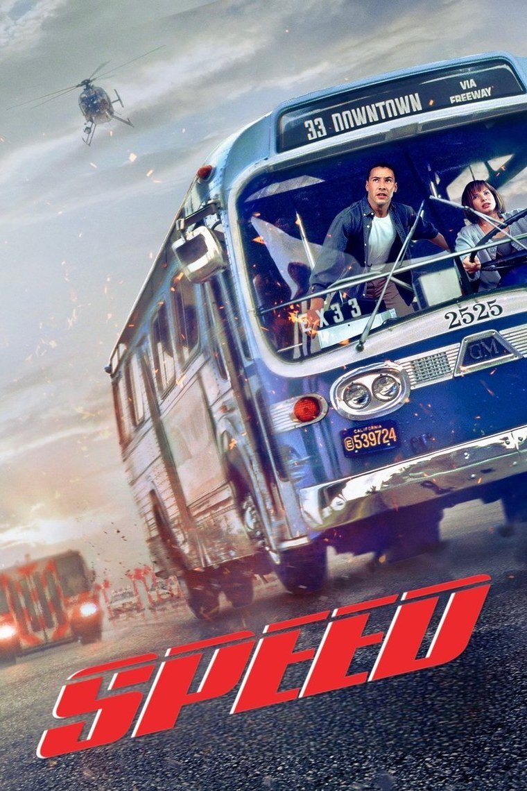 Speed poster showing a city bus in motion with Keanu Reeves and Sandra Bullock