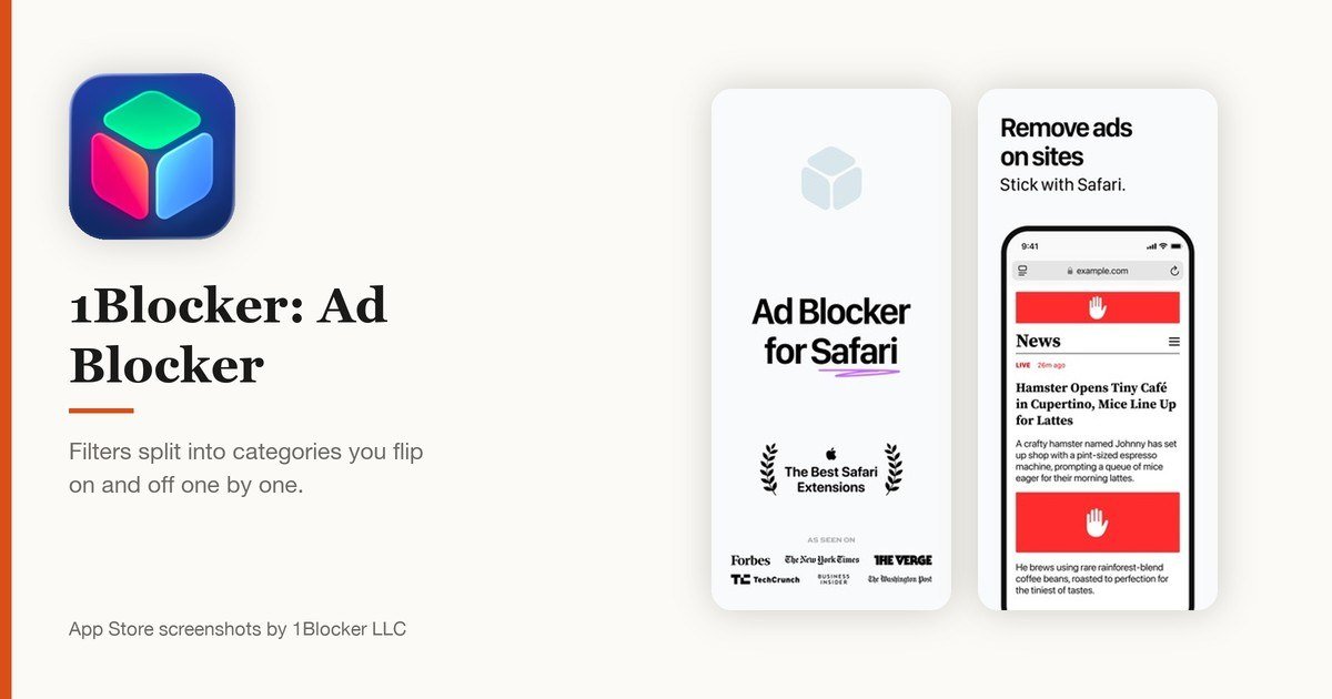 1Blocker: Ad Blocker app icon and App Store screenshots