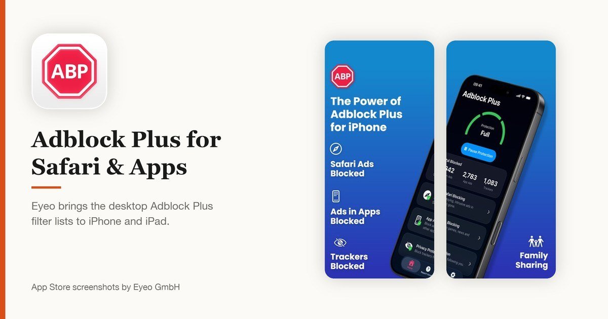 Adblock Plus for Safari & Apps app icon and App Store screenshots