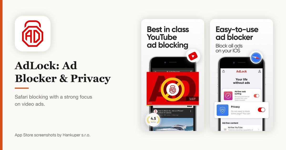 AdLock: Ad Blocker & Privacy app icon and App Store screenshots
