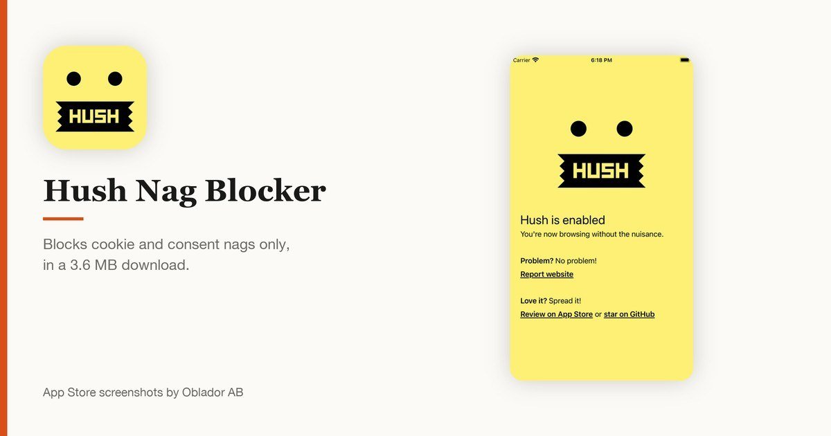 Hush Nag Blocker app icon and App Store screenshots