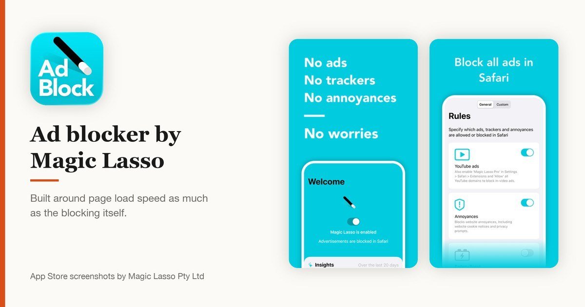 Ad blocker by Magic Lasso app icon and App Store screenshots