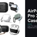 Seven AirPods Pro 3 cases laid out together, from clear TPU and silicone to waterproof locking shells with carabiners