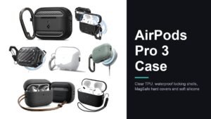 Seven AirPods Pro 3 cases laid out together, from clear TPU and silicone to waterproof locking shells with carabiners