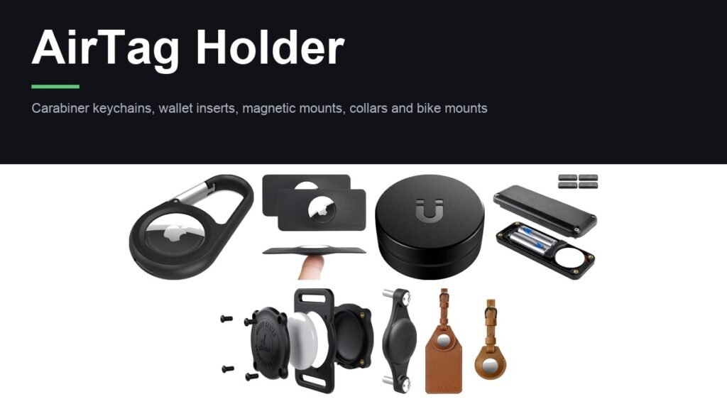 Seven AirTag holders laid out together, including a carabiner keychain, wallet insert, magnetic mount, bike mount and luggage tag