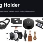 Seven AirTag holders laid out together, including a carabiner keychain, wallet insert, magnetic mount, bike mount and luggage tag