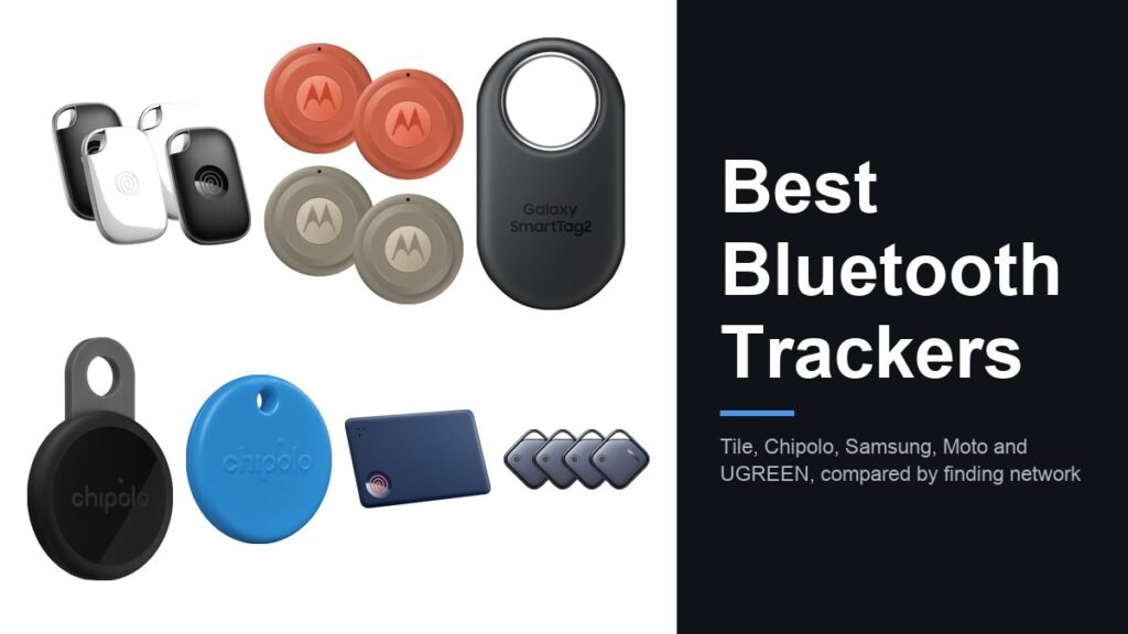 Seven bluetooth trackers shown together as AirTag alternatives, including Tile, Chipolo, Samsung SmartTag2 and Moto Tag
