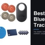 Seven bluetooth trackers shown together as AirTag alternatives, including Tile, Chipolo, Samsung SmartTag2 and Moto Tag