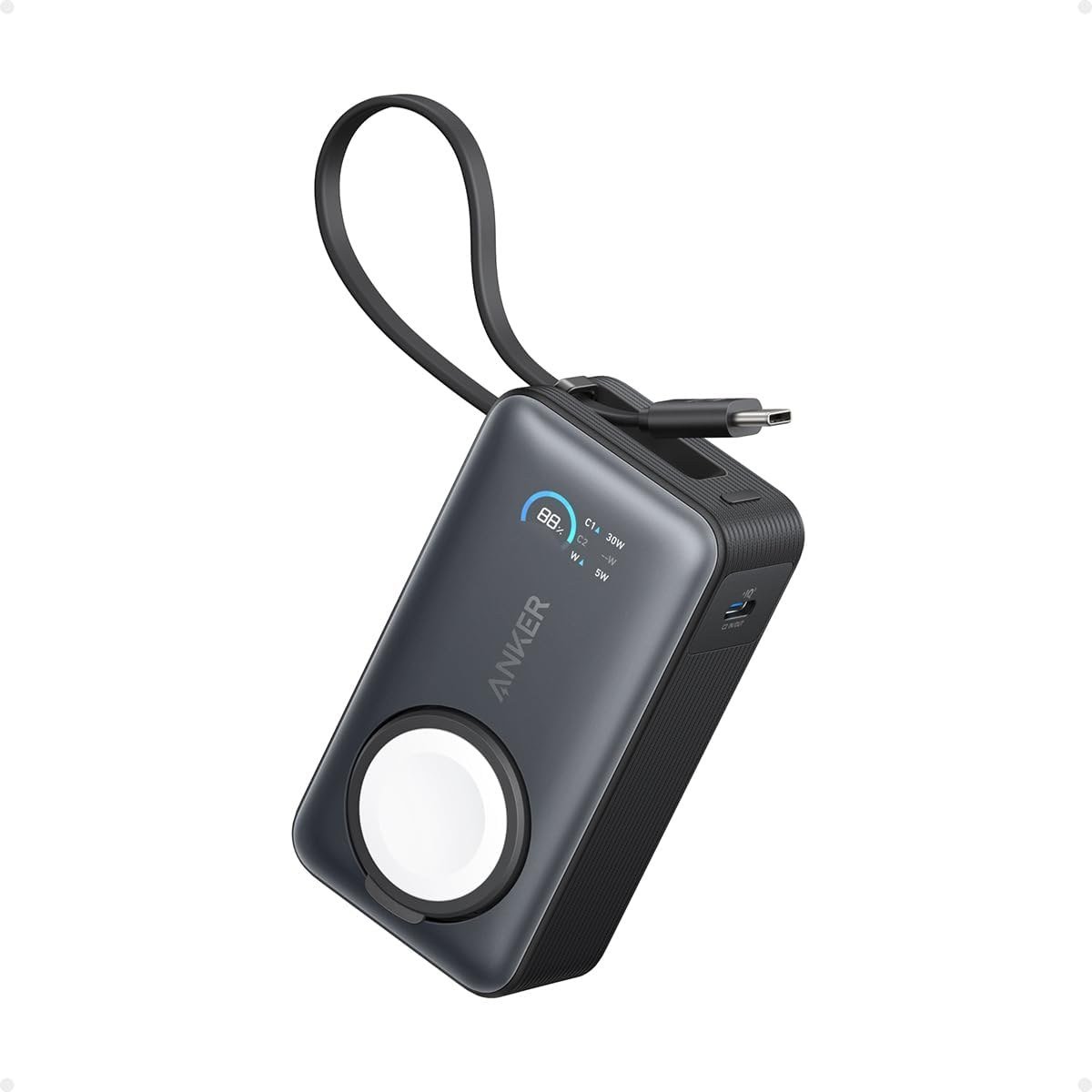 Anker MagGo power bank with its Apple Watch charger folded up and a watch attached