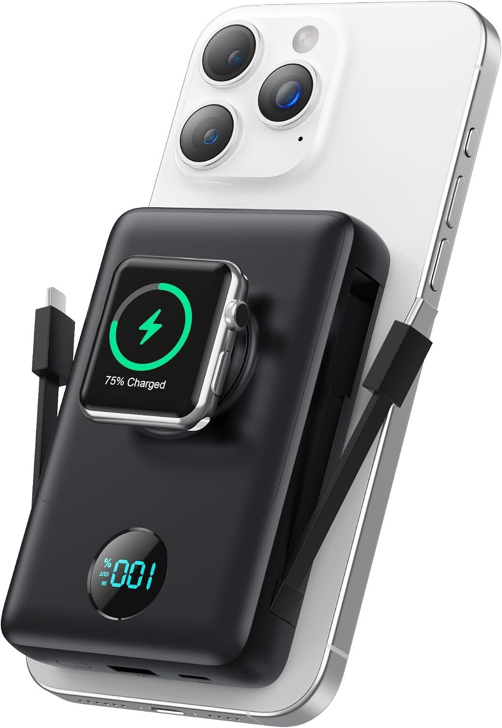 Ekrist two-sided magnetic power bank charging an iPhone and an Apple Watch