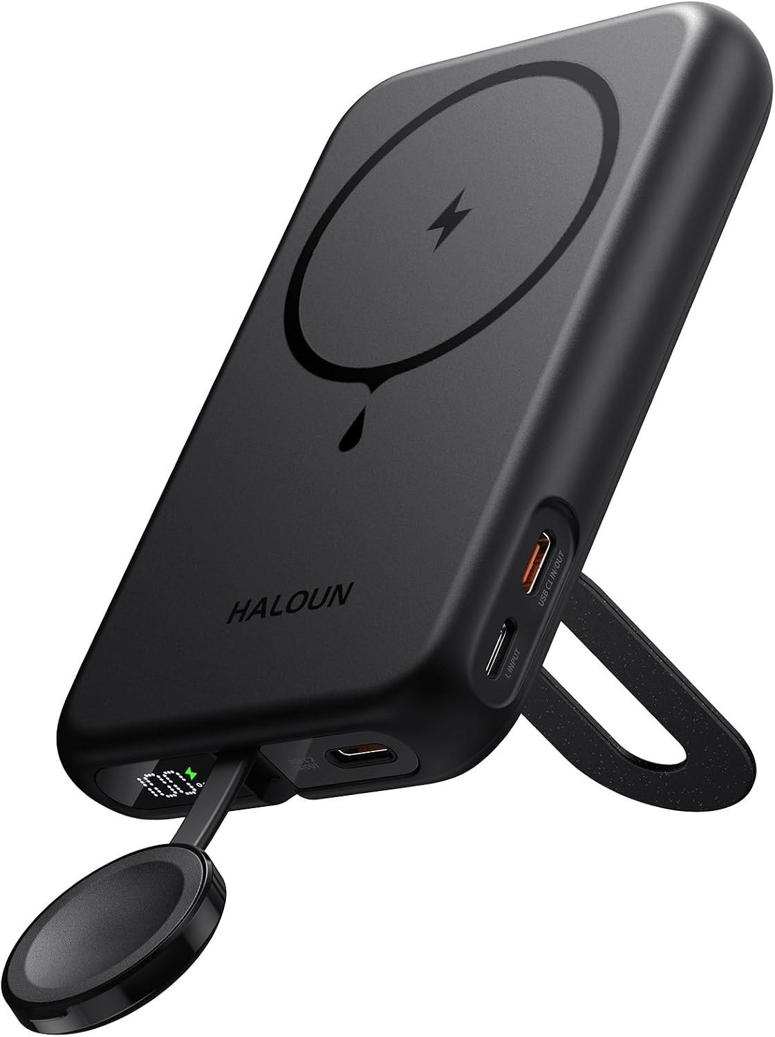 Haloun magnetic power bank with a fold-out Apple Watch charger and kickstand