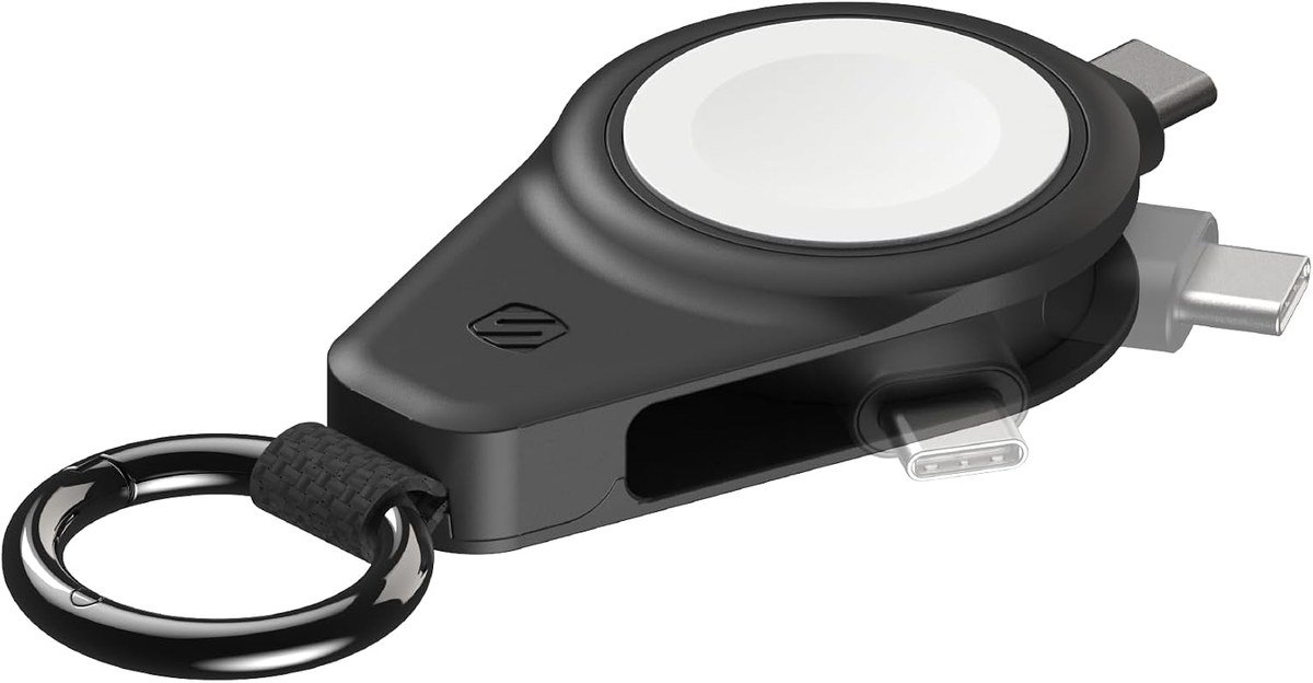 Scosche WatchIt magnetic Apple Watch charger with a USB-C plug and carabiner