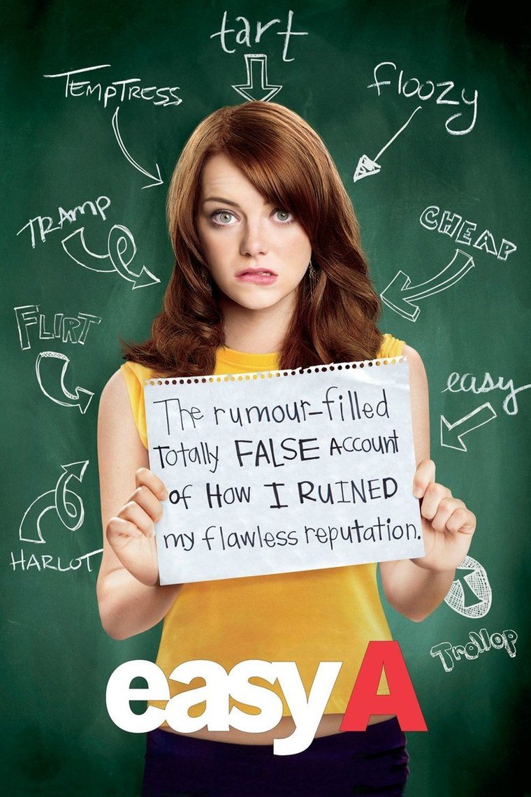 Easy A poster showing a student in a red corset against a white locker wall