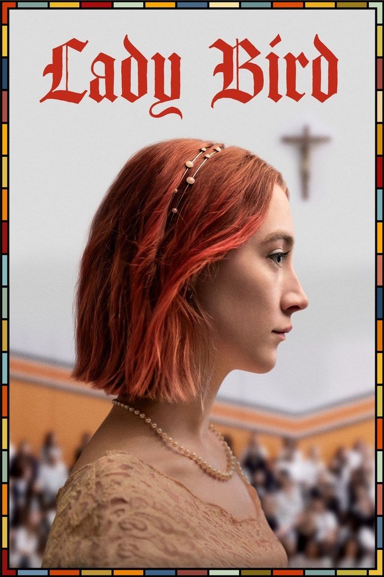 Lady Bird poster showing a girl with pink hair against a pale blue sky