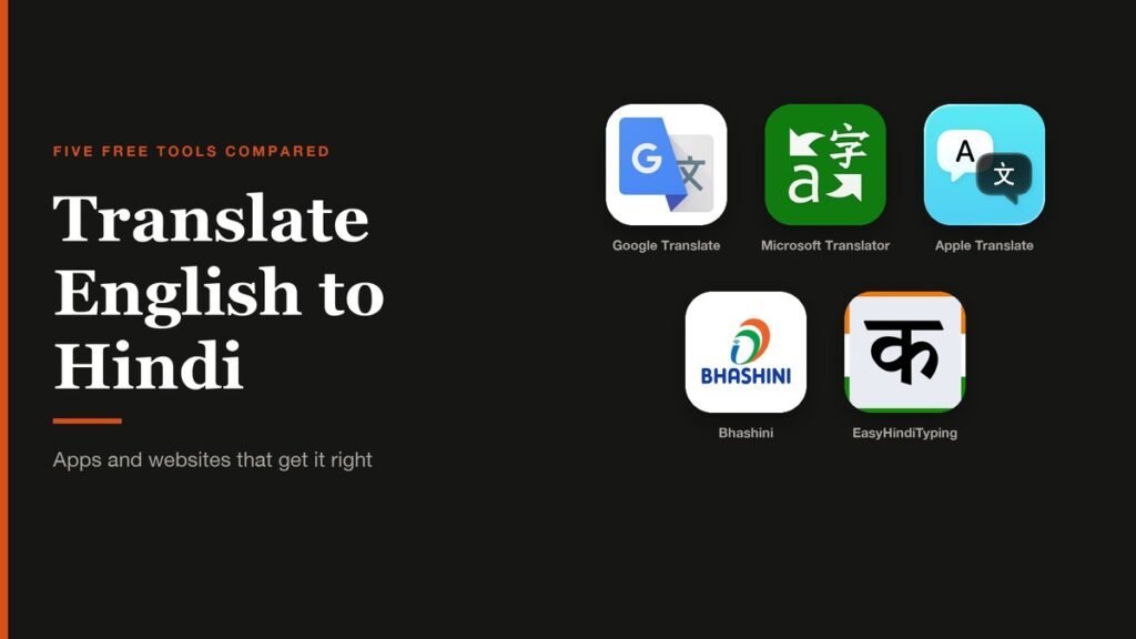Translate English to Hindi headline beside the Google Translate, Microsoft Translator, Apple Translate, Bhashini and EasyHindiTyping logos