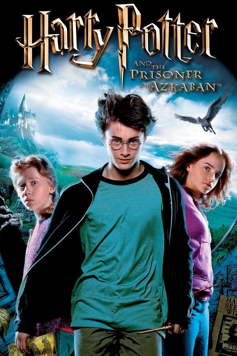 Prisoner of Azkaban poster showing three students and a hippogriff against a stormy sky