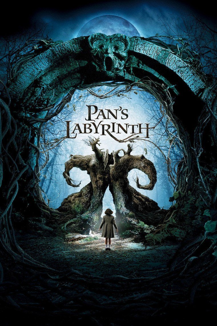 Pan's Labyrinth poster showing a girl facing a horned faun in a stone maze