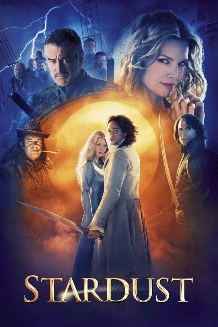 Stardust poster showing a young man and a glowing woman above a village wall
