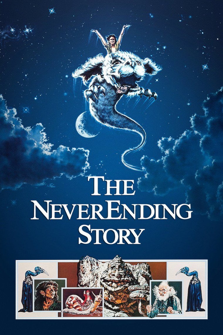 The NeverEnding Story poster showing a boy riding a white luck dragon above clouds