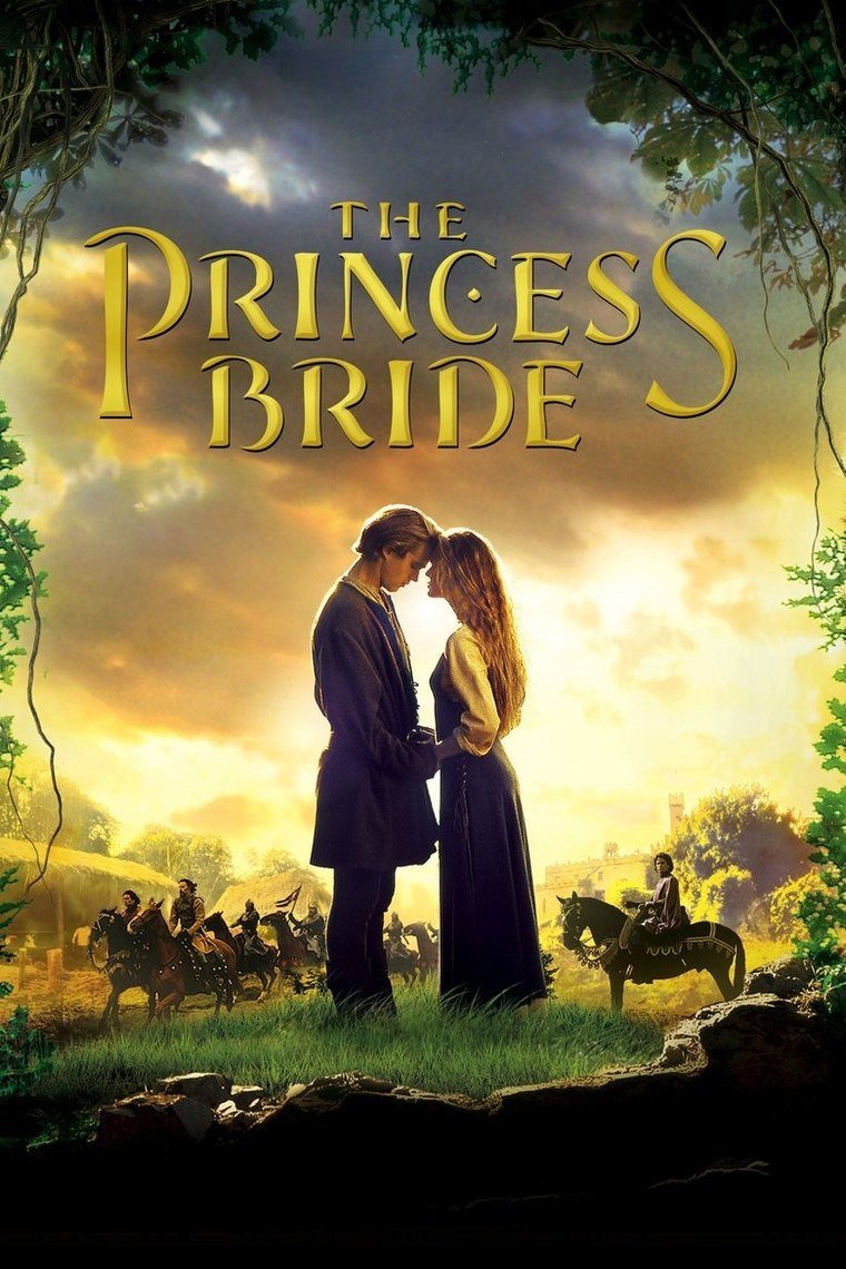 The Princess Bride poster showing a swordsman and a woman in red on a cliff path