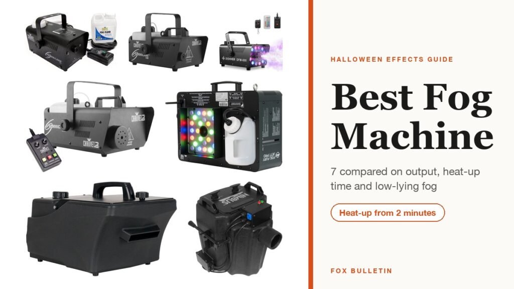 Best Fog Machine headline beside fog machines from Chauvet DJ, ADJ and Donner on a white background
