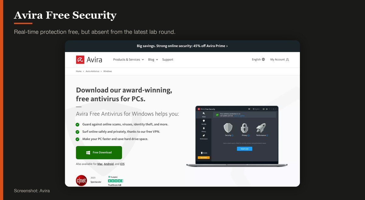 Avira Free Security shown on the Avira page