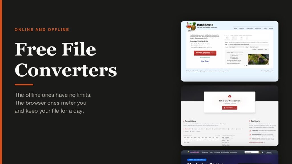 Free file converters shown as three developer page captures