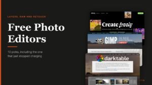 Free photo editors shown as three developer page captures