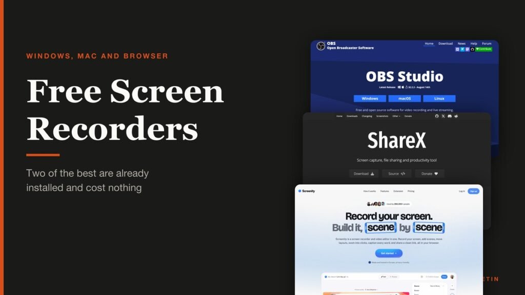 Free screen recorders shown as three developer page captures