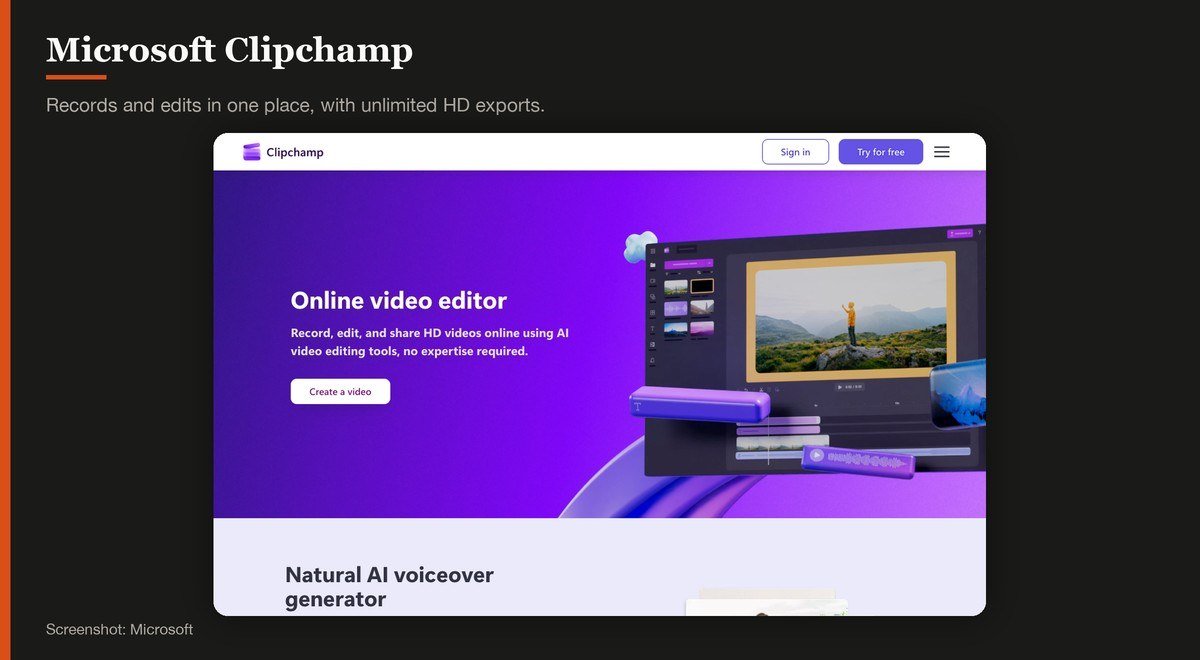 Microsoft Clipchamp shown on the Microsoft page