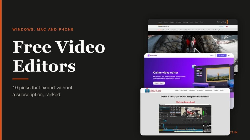 Free video editors shown as three developer page captures