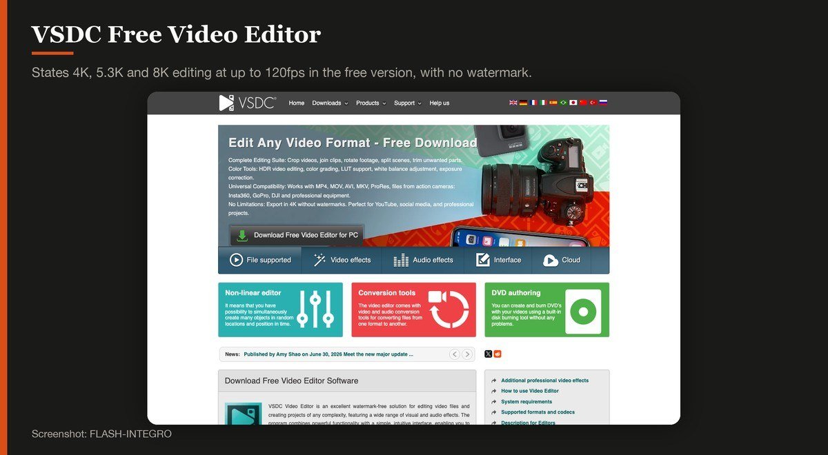 VSDC Free Video Editor running in a browser on the developer page