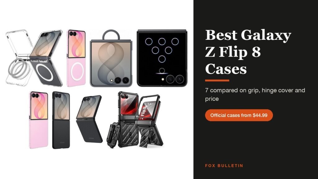 Best Galaxy Z Flip 8 Cases headline beside cases from Spigen, Samsung, PITAKA and SUPCASE