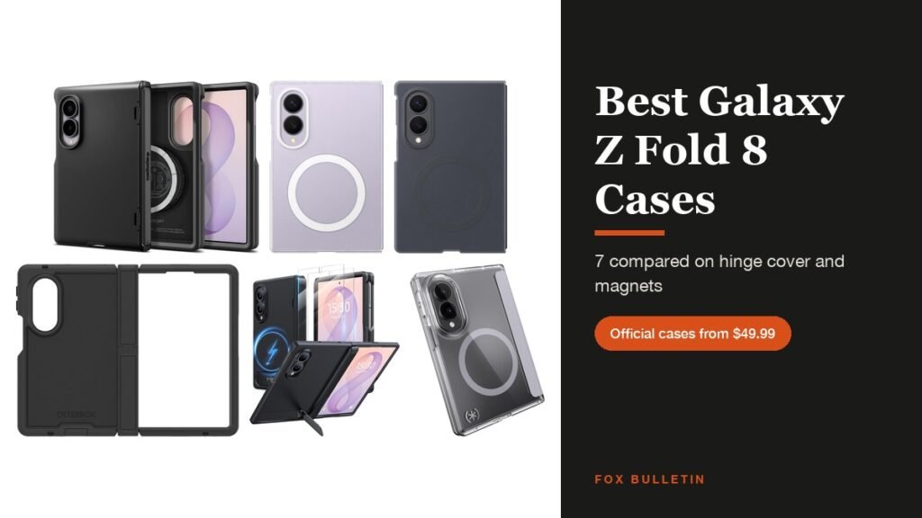 Best Galaxy Z Fold 8 Cases headline beside cases from Spigen, Samsung, OtterBox, TORRAS and Speck