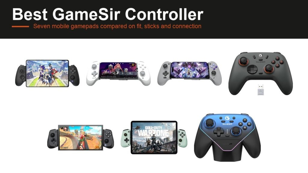 Seven GameSir mobile controllers lined up on white