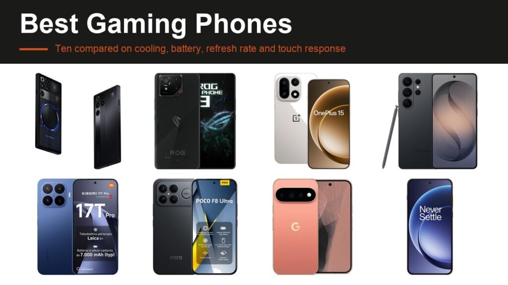 Ten gaming phones lined up on white