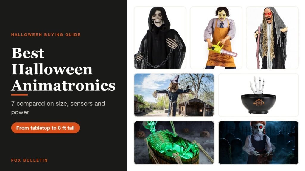 Best Halloween Animatronics headline beside a grim reaper, Leatherface, a witch, a scarecrow, a candy bowl, a drinking skeleton and a haunted girl