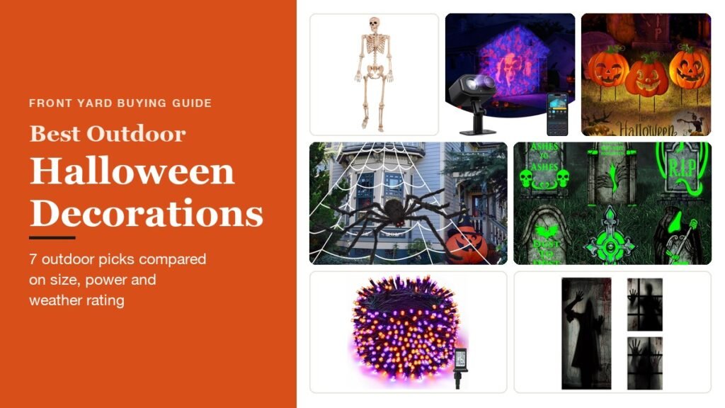 Halloween Decorations headline on an orange panel beside a skeleton, projector, lights, spider web, tombstones, pumpkin stakes and window covers