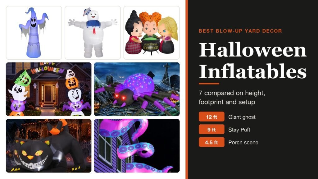 Halloween Inflatables headline on a dark panel beside a giant ghost, Stay Puft, spider, archway, black cat, Hocus Pocus scene and octopus tentacles