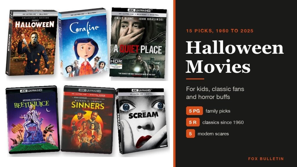 Best Halloween movies collage of 4K and Blu-ray covers for Halloween, Coraline, Ghostbusters and Sinners