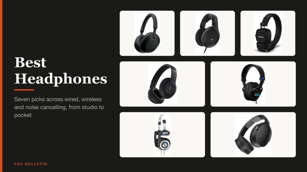 Best Headphones headline beside seven wired and wireless headphones from Sony, Sennheiser, Marshall, Beats, Koss and Skullcandy