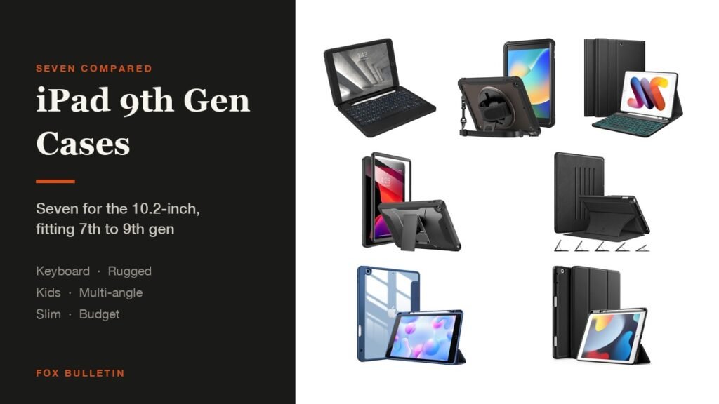 iPad 9th Generation Cases headline beside seven cases for the 10.2-inch iPad: Fintie backlit keyboard case, ZAGG Rugged Book, ProCase kids case, ProCase slim, Soke rugged shell, JETech trifold and a Fintie multi-angle case