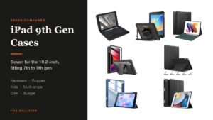 iPad 9th Generation Cases headline beside seven cases for the 10.2-inch iPad: Fintie backlit keyboard case, ZAGG Rugged Book, ProCase kids case, ProCase slim, Soke rugged shell, JETech trifold and a Fintie multi-angle case