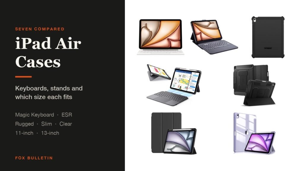 iPad Air Cases headline beside seven cases: Apple Magic Keyboard, ESR keyboard case, ZAGG Pro Keys 2, OtterBox Defender, Spigen kickstand case, ProCase slim folio and a Fintie clear case