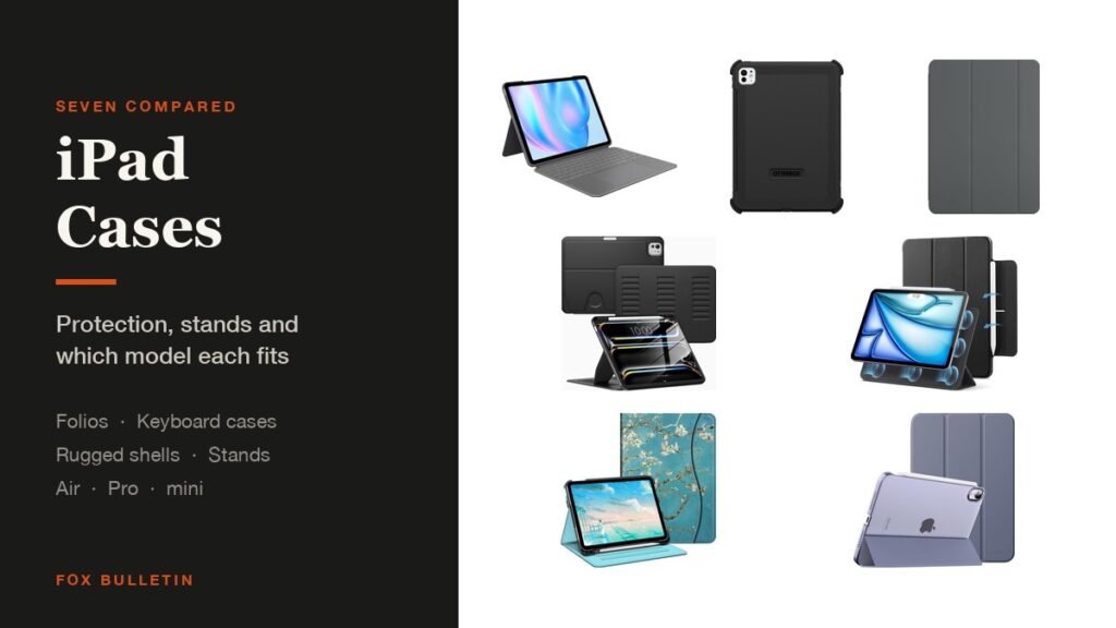 iPad Cases headline beside a lineup of seven cases: Apple Smart Folio, Logitech Combo Touch keyboard case, OtterBox Defender, magnetic stand case, ESR magnetic cover, Fintie folio and an iPad mini case