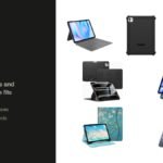 iPad Cases headline beside a lineup of seven cases: Apple Smart Folio, Logitech Combo Touch keyboard case, OtterBox Defender, magnetic stand case, ESR magnetic cover, Fintie folio and an iPad mini case